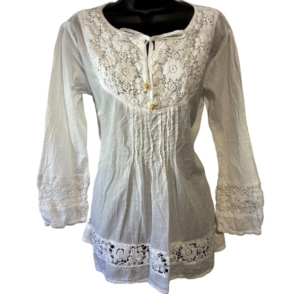 S.R. Fashion Tops - S.R. Fashion Crochet lace white top 3/4 sleeves 100% cotton crinkle fabric beach